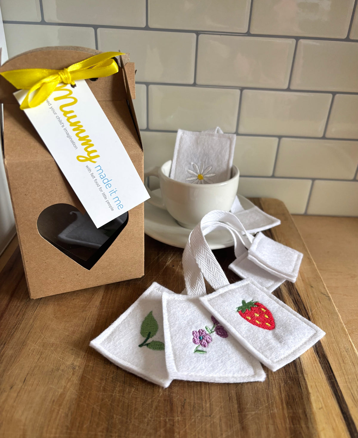 Pretend Play Felt Embroidered Tea Bags with Gift Box